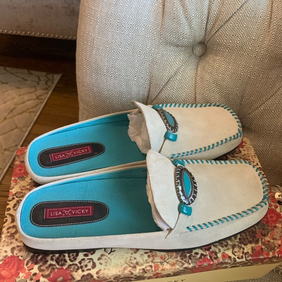 Turquoise and cream suede mules! - Picture 4 of 5